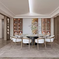 Elegant Modern Private Dining Room Interior With Round Table White Chairs And Wooden Cabinets