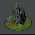 Round Garden Ornament with Large Rock Green Grass Bamboo Plants and Orange Shrubs