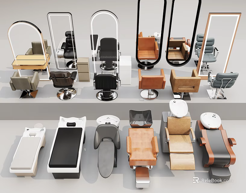 Various Furniture Pieces Including Chairs Sofas And Massage Beds Displayed In Modern Showroom Setup 3d model 