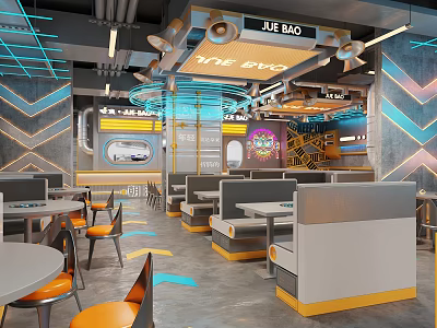 Modern Restaurant Interior Featuring Booth Seating Orange Chairs Geometric Floor And Metallic Accents 3d model