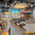 Modern Restaurant Interior Featuring Booth Seating Orange Chairs Geometric Floor And Metallic Accents