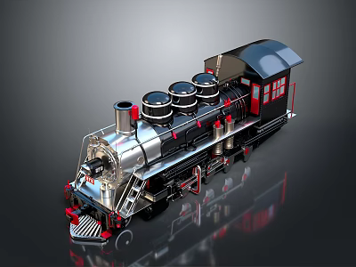 Vintage Black Silver Steam Train Model With Three Chimneys Red Accents Shiny Surface 3d model