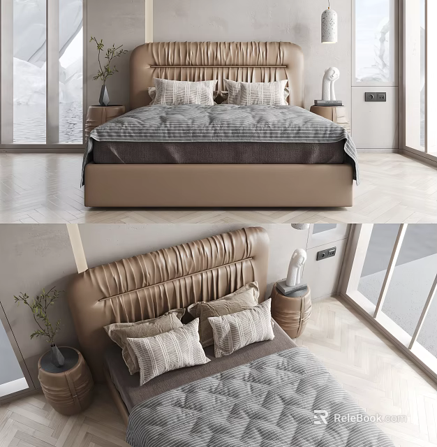 Modern Double Bed With Leather Tufted Headboard Decorative Pillows And Natural Light 3d model