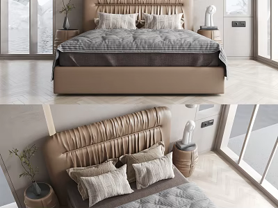 Modern Double Bed With Leather Tufted Headboard Decorative Pillows And Natural Light 3d model