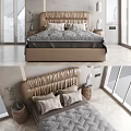 Modern Double Bed With Leather Tufted Headboard Decorative Pillows And Natural Light 3d model