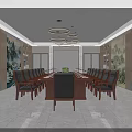 Elegant Conference Room Interior With Long Wooden Table Ergonomic Chairs And Hanging Lights