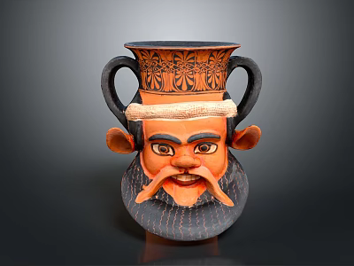 Ancient Face Sculpture Vessel With Double Handles Intricate Carved Patterns And Beard Details 3d model