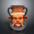 Ancient Face Sculpture Vessel With Double Handles Intricate Carved Patterns And Beard Details