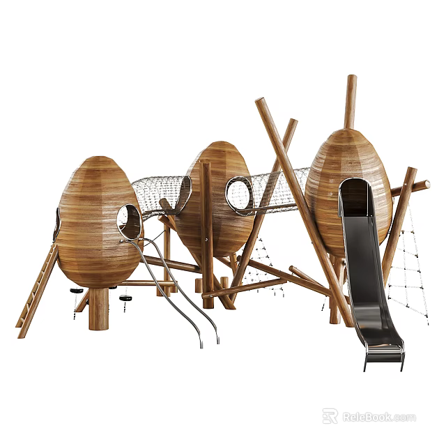 Wooden Outdoor Playground Equipment With Egg Shaped Huts Slide Climbing Net Ladder 3d model 