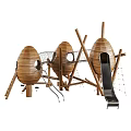 Wooden Outdoor Playground Equipment With Egg Shaped Huts Slide Climbing Net Ladder