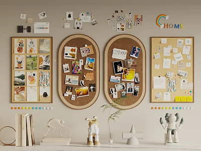 Stylish Photo Wall With Oval Rectangular Cork Boards Photos Notes And Decorative Elements 3d model