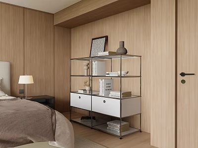 Modern Bedroom Decorative Cabinet With Metal Frame White Drawers And Books On Wooden Walls 3d model