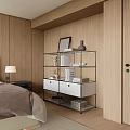 Modern Bedroom Decorative Cabinet With Metal Frame White Drawers And Books On Wooden Walls