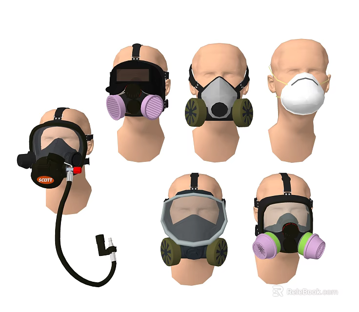 Different Types of Fire Safety Respiratory Masks with Filters and Full Face Protection 3d model 