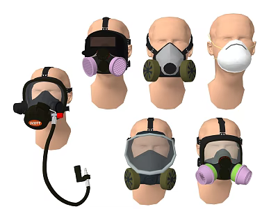 Different Types of Fire Safety Respiratory Masks with Filters and Full Face Protection 3d model