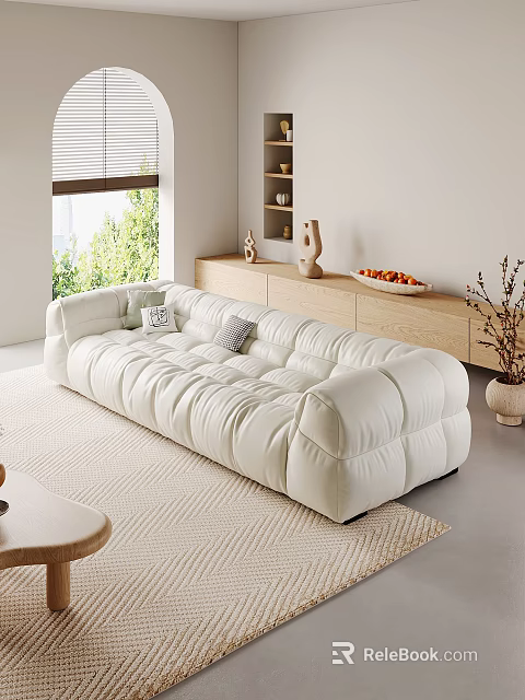 Plush White Sectional Sofa in Modern Living Room with Decorative Pillows Wooden Cabinet and Greenery 3d model 