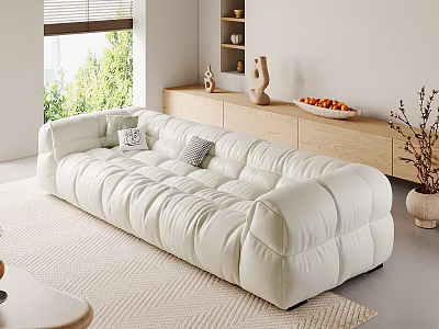 Plush White Sectional Sofa in Modern Living Room with Decorative Pillows Wooden Cabinet and Greenery 3d model