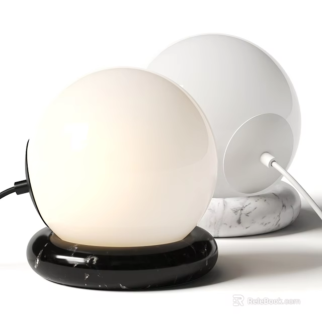 Modern Spherical Table Lamp With Lit White Shade And Black White Marble Bases 3d model 