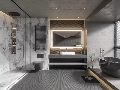 Modern Bathroom Interior With Marble Walls Freestanding Bathtub Glass Shower And Large Mirror Design 3d model