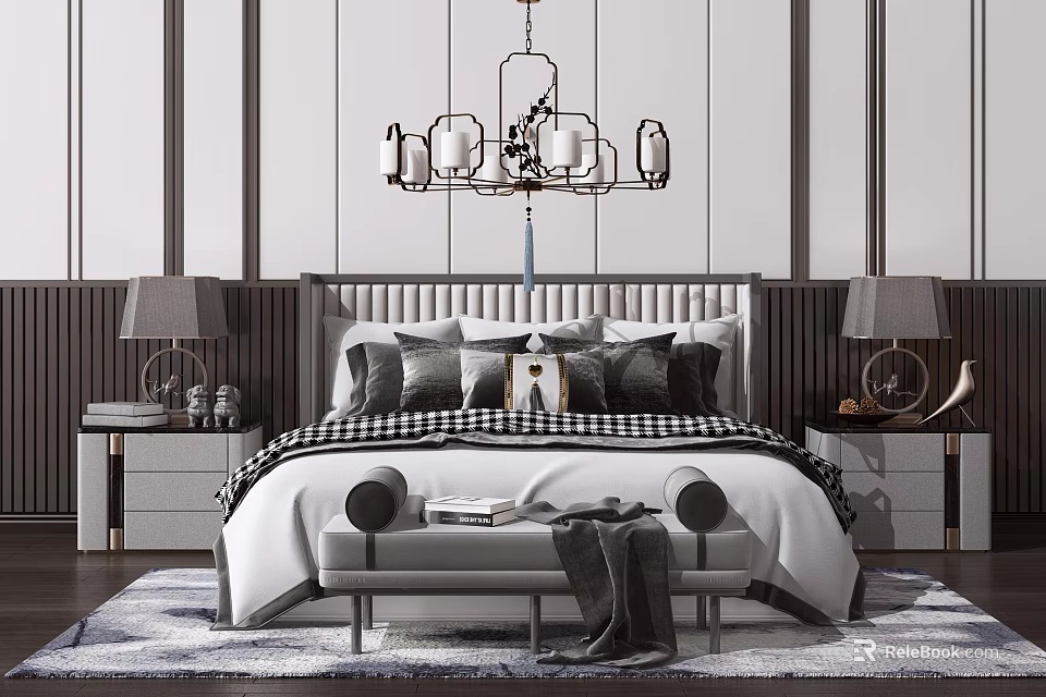 Elegant Modern Double Bed Interior With Tufted Headboard Pillows Pendant Light And Bench 3d model