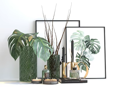 Stylish Decorative Ornament Set with Monstera Leaves Vases Picture Frames and Diffusers 3d model