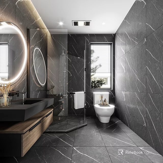 Modern Bathroom Interior Design With Round Illuminated Mirror Glass Shower Enclosure And Black Marble Tiles 3d model 
