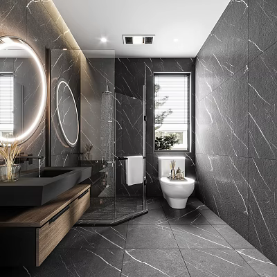 Modern Bathroom Interior Design With Round Illuminated Mirror Glass Shower Enclosure And Black Marble Tiles 3d model