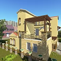 Detached Villa With Yellow Exterior Red Roof Terrace Pergola Greenery Courtyard And Tables Chairs