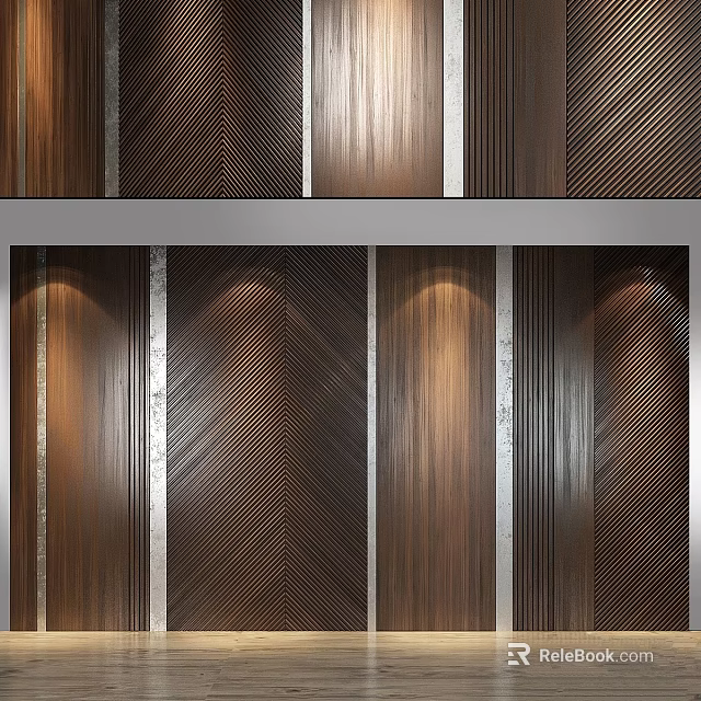 Dark Wooden Textured Wall Hanging with Geometric Stripes Metal Strips and Lighting Effects 3d model 