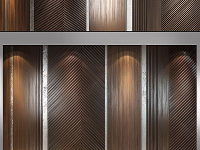 Dark Wooden Textured Wall Hanging with Geometric Stripes Metal Strips and Lighting Effects 3d model