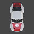 Vintage Porsche Race Car with White Body Red Hood Number 1 and Sponsor Logos