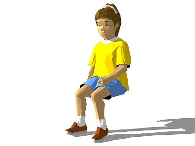 Man Sitting in Yellow T-shirt and Blue Shorts with Brown Shoes and White Socks 3d model