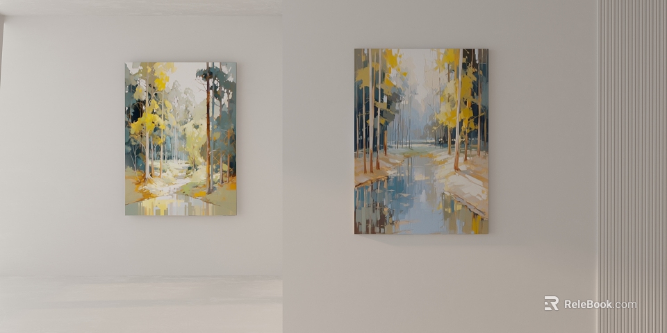 Landscape Paintings Featuring Trees Sunlight Path And Water Reflections In Warm Tones 3d model 