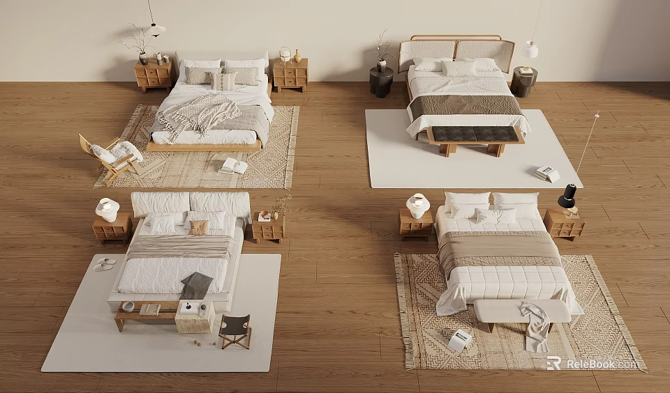 Modern Double Beds In Cozy Bedroom With Wooden Frames Neutral Bedding And Nightstands 3d model 