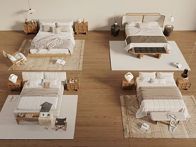 Modern Double Beds In Cozy Bedroom With Wooden Frames Neutral Bedding And Nightstands 3d model