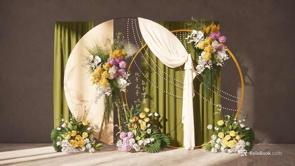 Elegant Wedding Decor Setup With Golden Frames White Drapery Pearl Strands And Colorful Flowers 3d model 