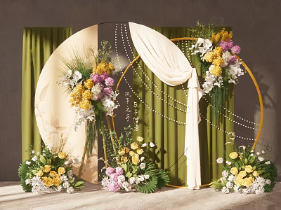 Elegant Wedding Decor Setup With Golden Frames White Drapery Pearl Strands And Colorful Flowers 3d model