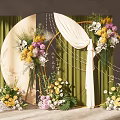 Elegant Wedding Decor Setup With Golden Frames White Drapery Pearl Strands And Colorful Flowers