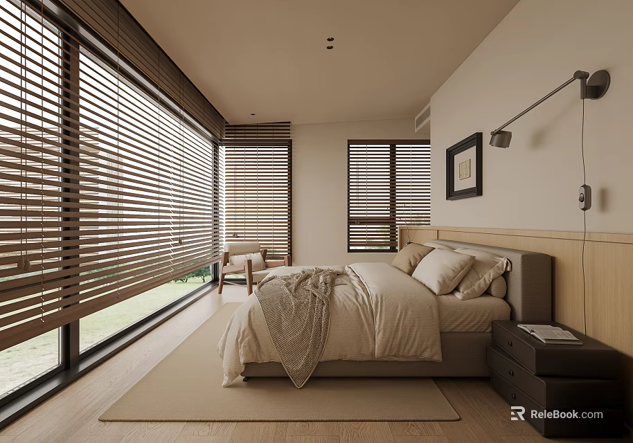 Modern Bedroom Interior With Wooden Blinds Large Bed Nightstand And Area Rug 3d model 