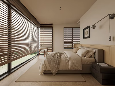 Modern Bedroom Interior With Wooden Blinds Large Bed Nightstand And Area Rug 3d model