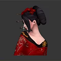 Traditional Japanese Woman In Red Kimono With Black Hair And Red Flower Hairpins