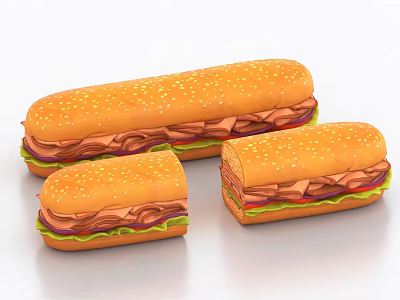 Fresh Tasty Sandwiches With Sesame Seed Buns And Ham Lettuce Tomato Layers 3d model