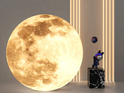 Giant Illuminated Moon Sculpture Featuring Small Character Carving On Marble Base 3d model