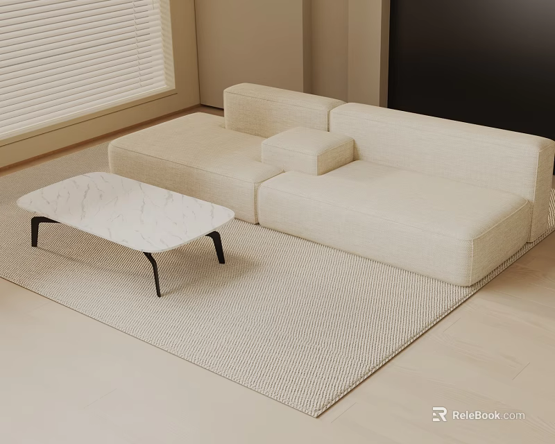 Cream Three Seater Sofa In Modern Living Room With Marble Coffee Table And Rug 3d model 