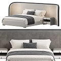 Modern Double Bed with Upholstered Headboard Nightstand White Pillows and Striped Blanket