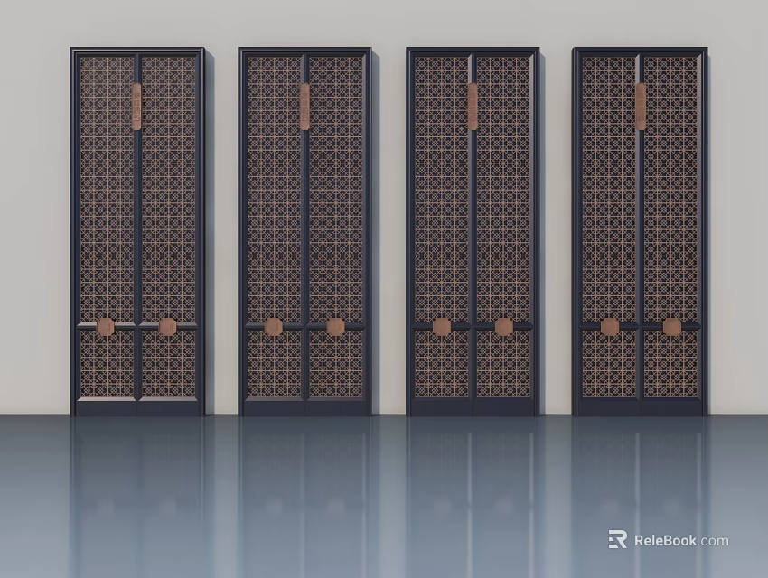 Four Dark Colored Casement Doors Featuring Elegant Geometric Patterns And Metal Accents 3d model 
