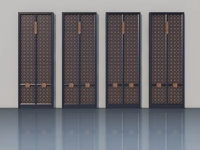 Four Dark Colored Casement Doors Featuring Elegant Geometric Patterns And Metal Accents 3d model