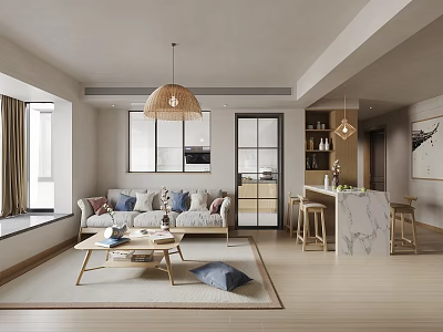 Modern Living And Dining Area With Sofa Coffee Table Dining Table And Pendant Light 3d model