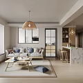 Modern Living And Dining Area With Sofa Coffee Table Dining Table And Pendant Light 3d model