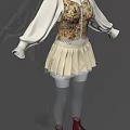 Floral Patterned Women Outfit With White Long Sleeves Beige Pleated Skirt And Red Boots